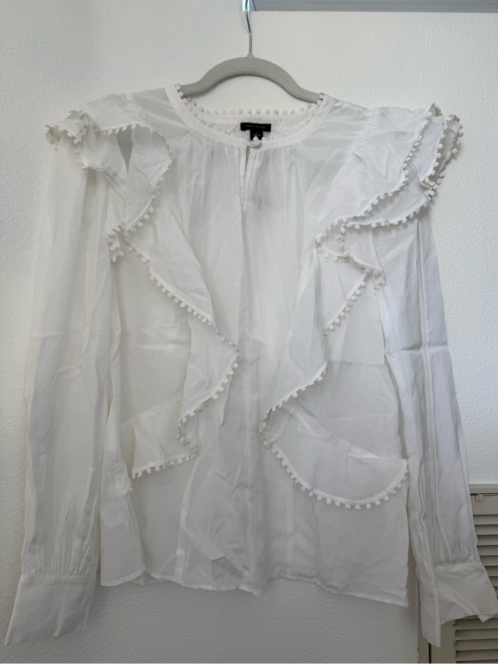 Ann Taylor White Ruffle Pom-Trim Blouse